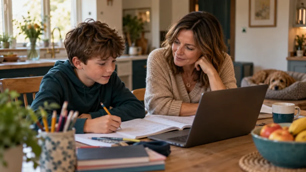 A tutor and a boy working through a workbook together at a kitchen table at home